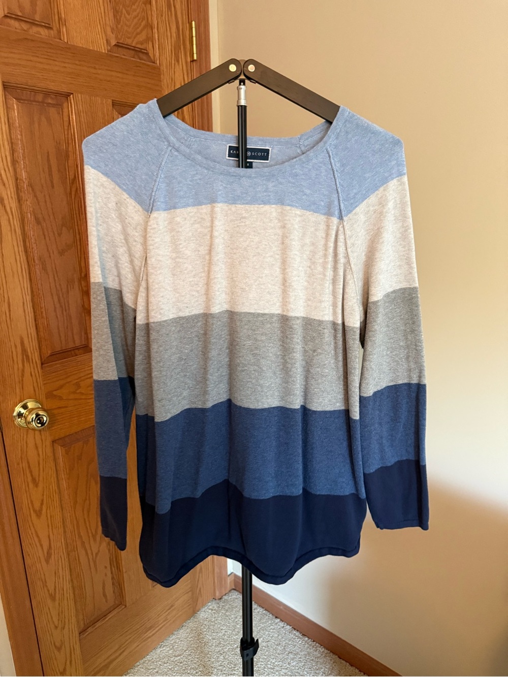 Karen Scott Blue and Gray Striped Crewneck Sweater